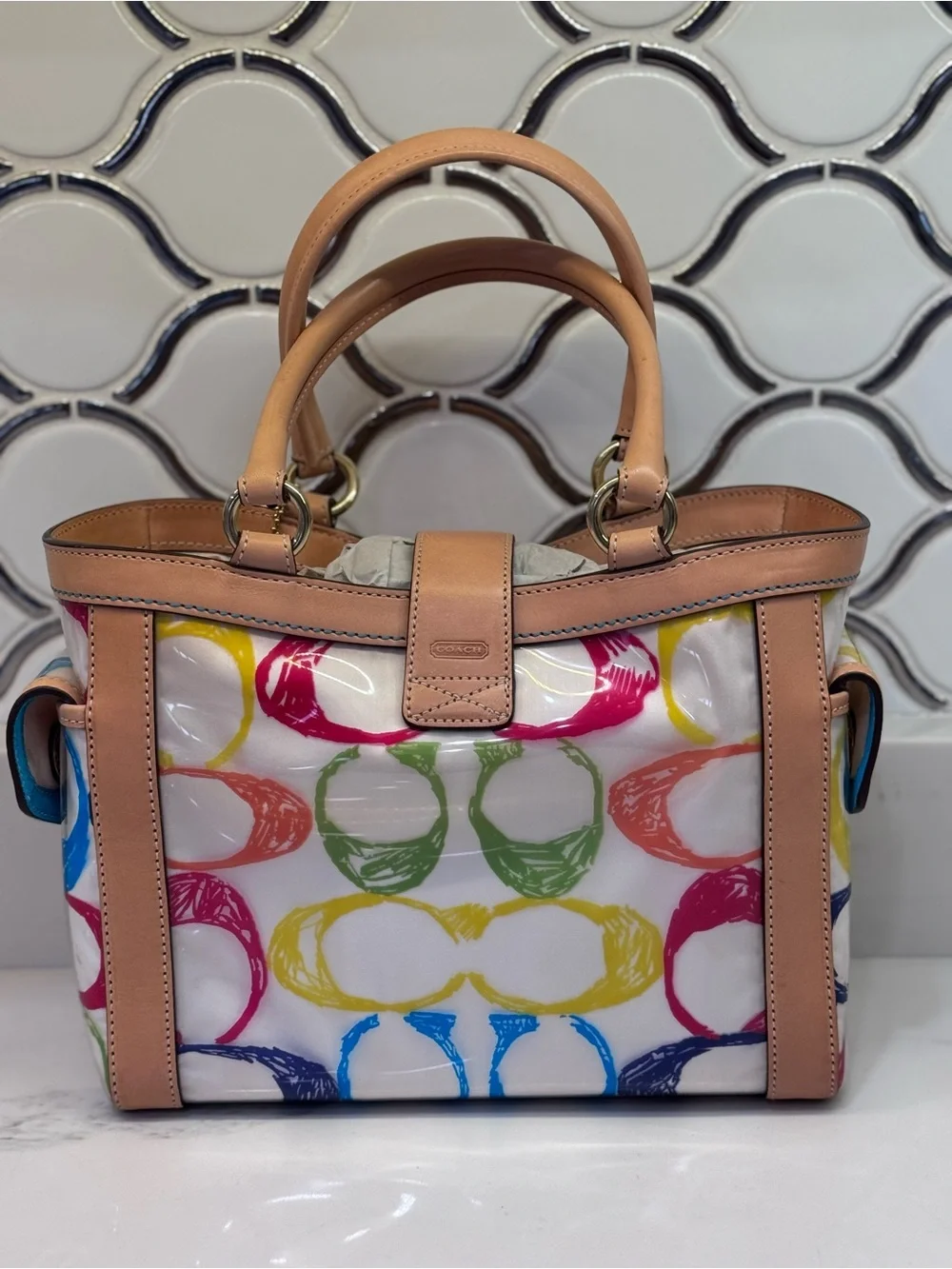 Coach Multicolor Logo Print Boxy  Tote w/ Tan Leather - Vintage -Limited Edition